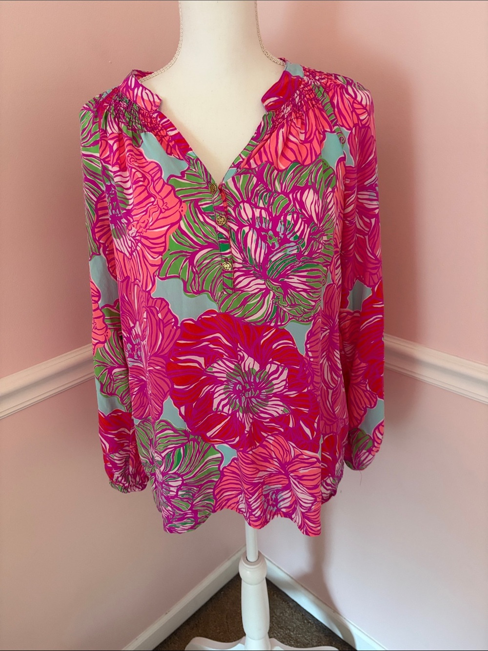 Lilly Pulitzer Pink Floral Split-V Neck Blouse with Green Accents